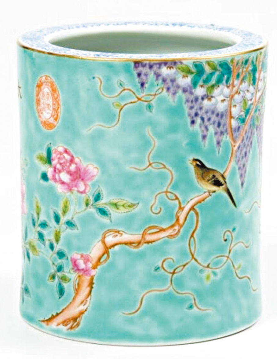 ◆粉彩花鳥紋筆筒