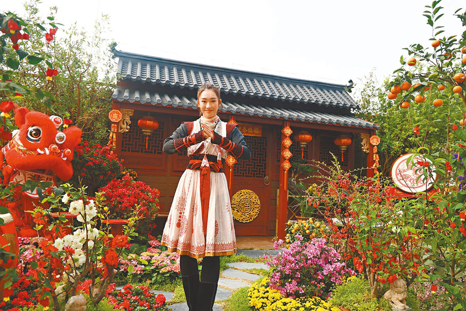 ◆香港藝人在花卉展上出鏡拍攝，背後為西貢區「新春慶豐年」園圃。 中通社