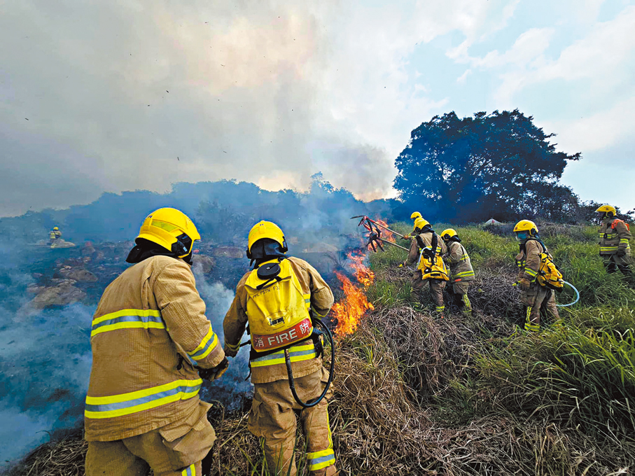 ◆昨日清明節山火連連，消防員登山撲救。 消防處圖片