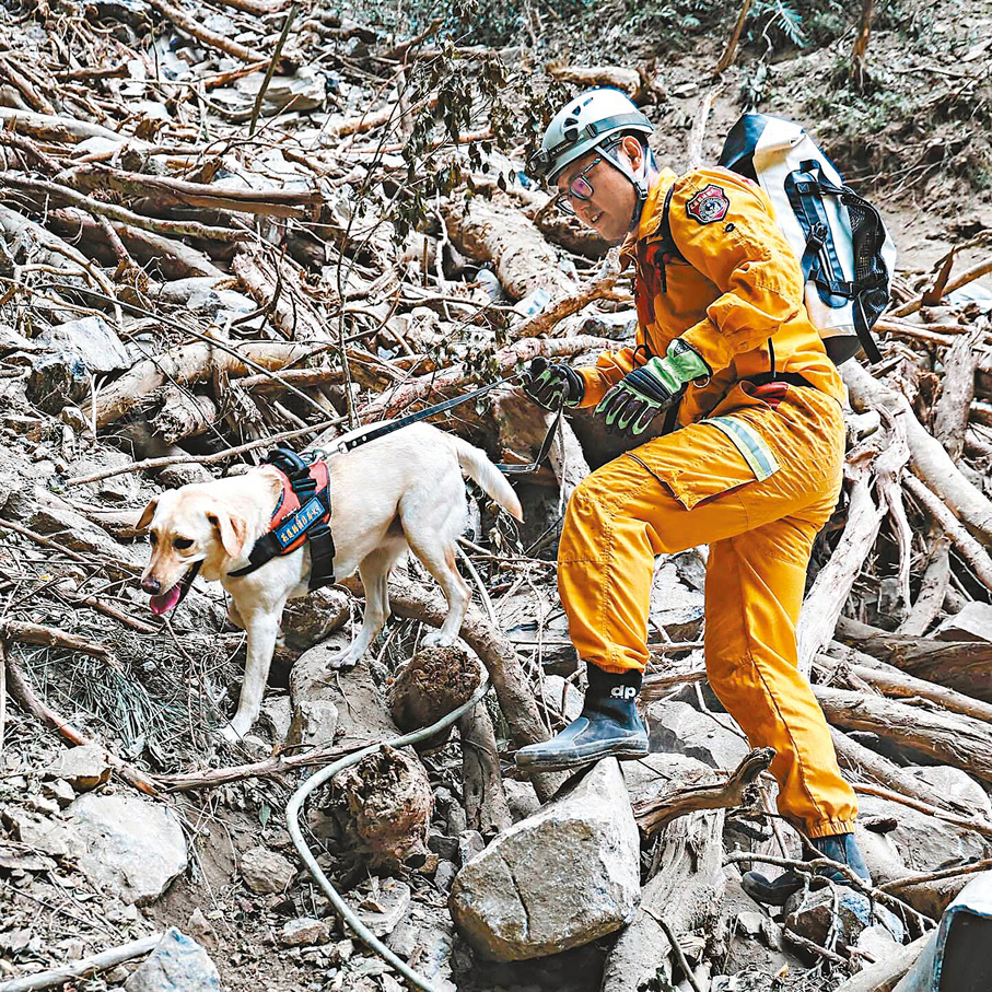 ◆搜救人員與搜救犬，5日挺進砂卡礑步道。 中央社
