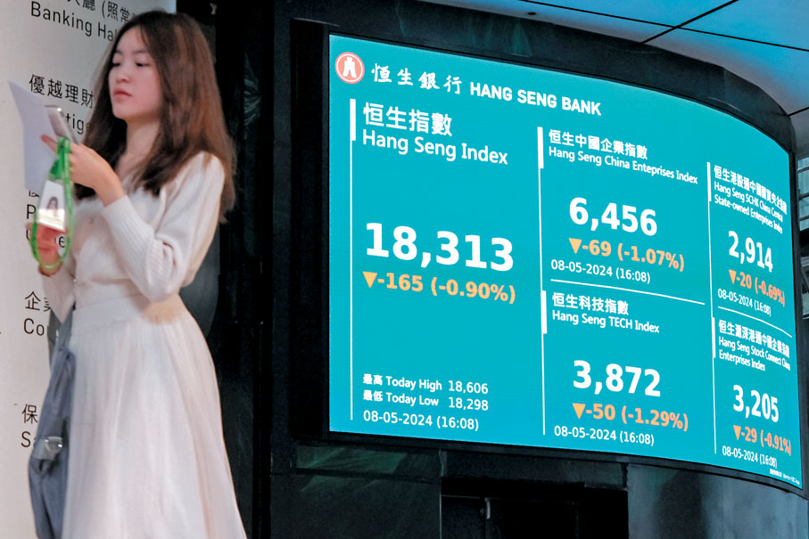 ◆港股經過一輪急升後，近日出現回吐，昨收報18,313點，單日跌165點，但相比4月份約16,044低點仍有逾2,000點升幅。 中新社
