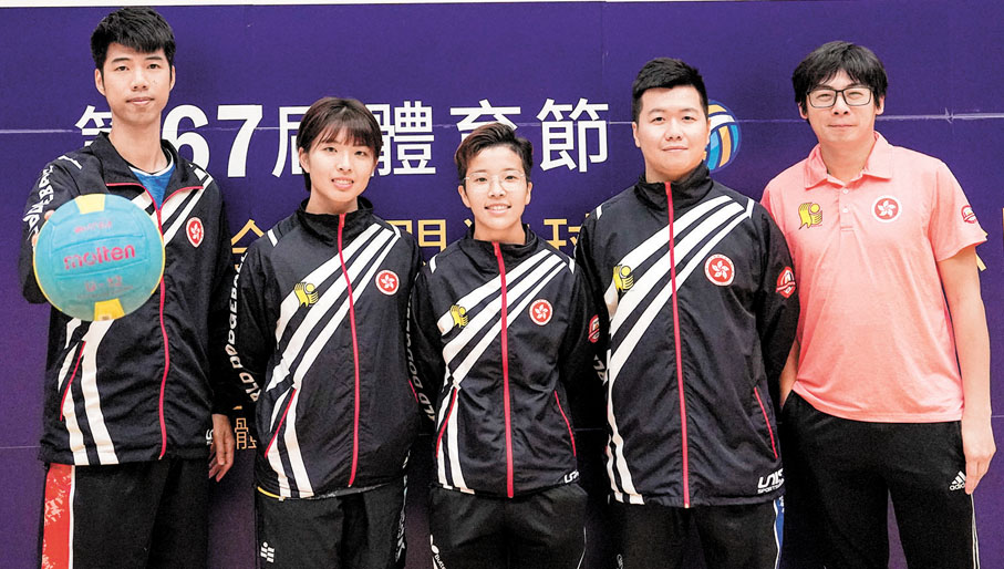 ◆左起李文傑、陳卓薇、馬碧宜、林子謙和精英委員會主席張沛廉積極推動閃避球發展。