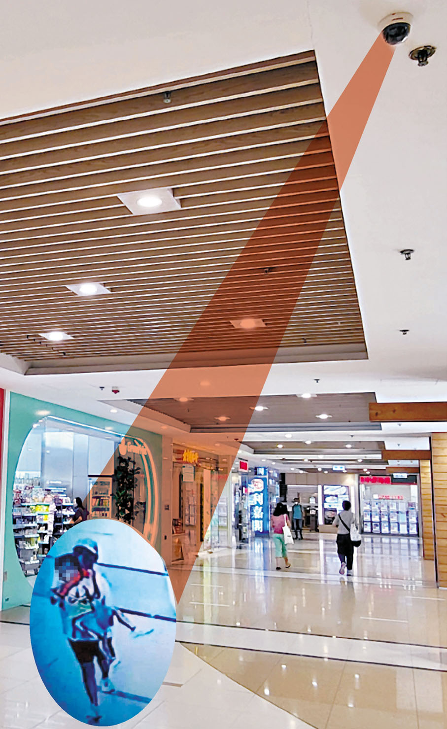◆將軍澳廣場的這個商場攝像鏡頭，拍下女匪的犯案路徑。香港文匯報記者鄧偉明 攝/設計圖片