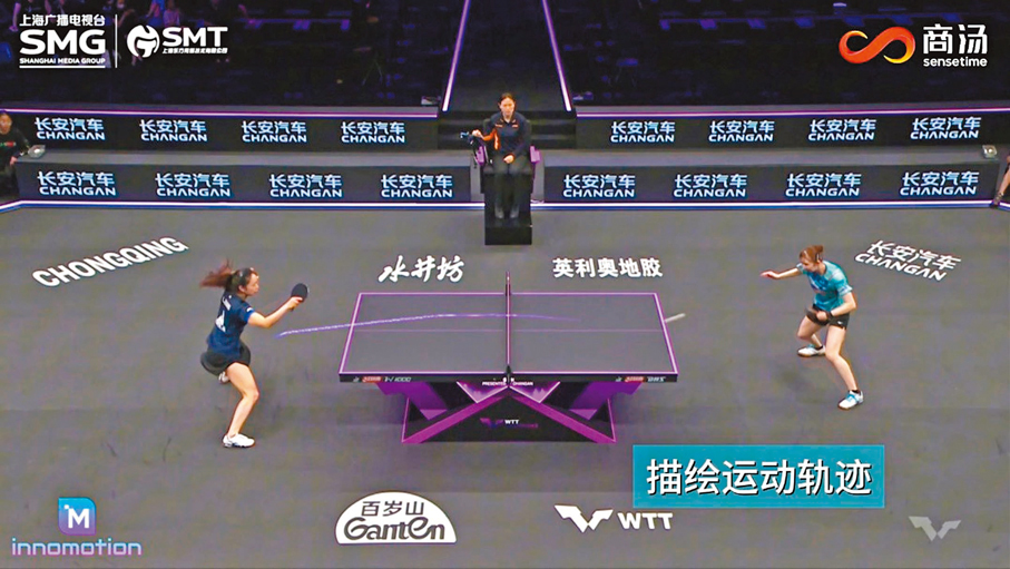 ◆通過AI智慧賽事轉播，可實現旋轉速度、方向可視化，運動軌跡描述，擊球落點顯示等。 香港文匯報上海傳真