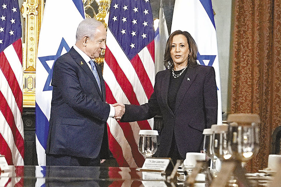 ◆哈里斯（右）單獨會見內塔尼亞胡。 美聯社