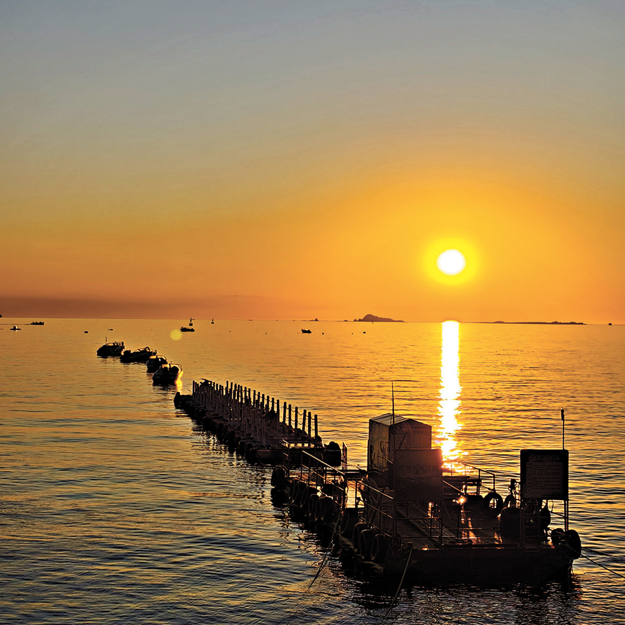 ◆清晨的海水在煙台的朝霞中蕩漾。