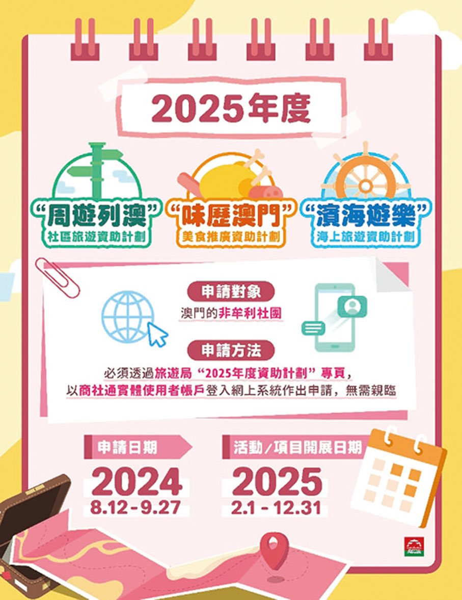 ◆ 澳門旅遊局2025年度三項資助計劃，積極鼓勵及支持澳門依法成立的非牟利社團善用澳門各樣資源，吸引旅客刺激社區經濟。