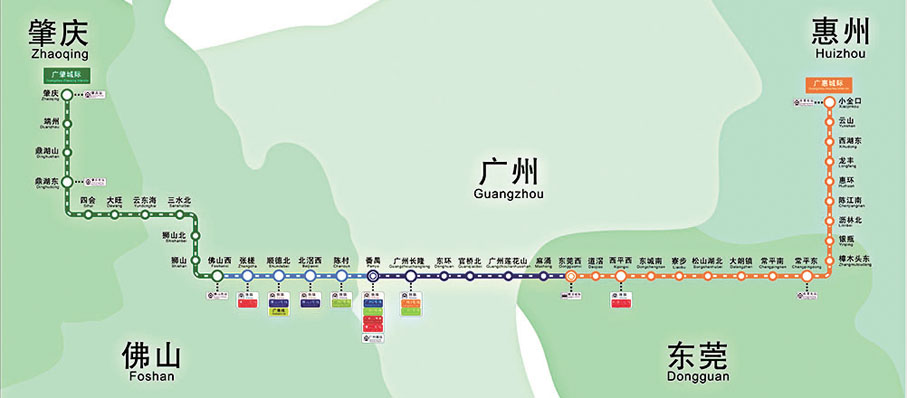 ◆廣佛南環、佛莞城際與莞惠、佛肇城際串聯貫通，共同構築起連接惠州、東莞、廣州、佛山、肇慶5市的灣區東西向主通道。 香港文匯報廣州傳真