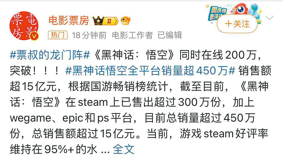 ◆ 《黑神話：悟空》總銷量已超過450萬份，總銷售額超過15億元人民幣。 香港文匯報深圳傳真