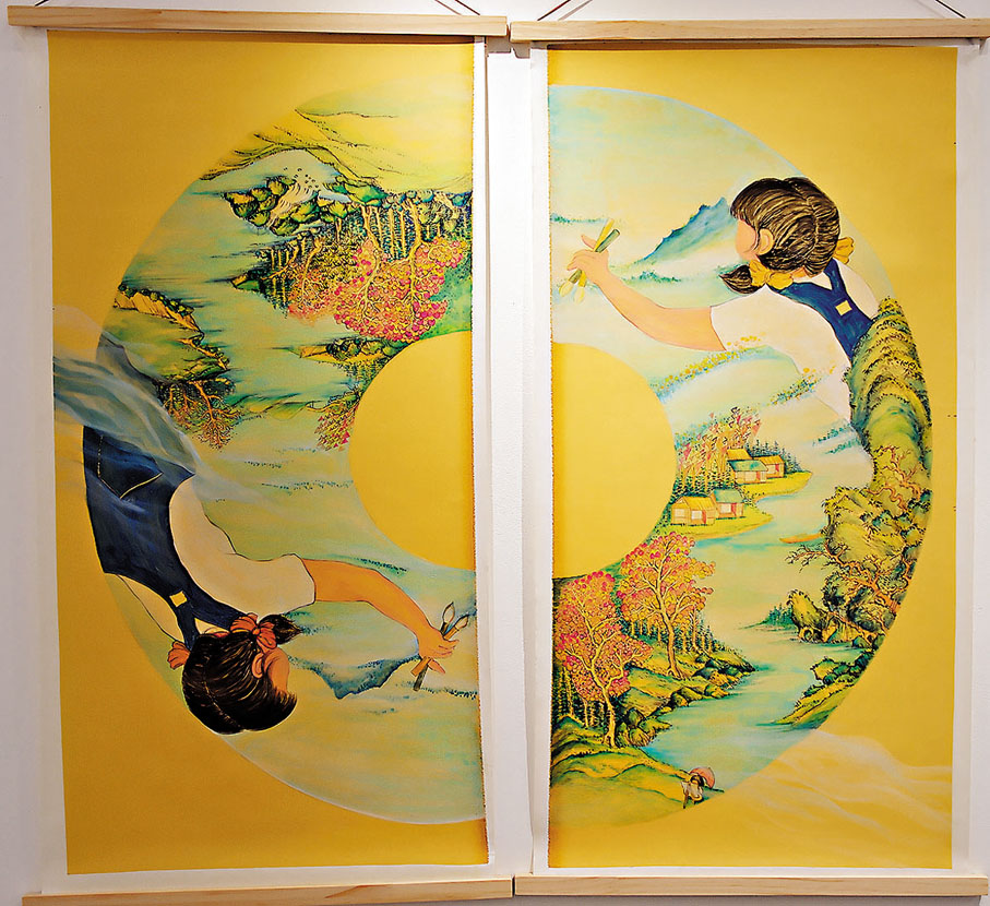 ◆作品《圓滿》 是以水墅工筆方式繪畫的合拼畫。