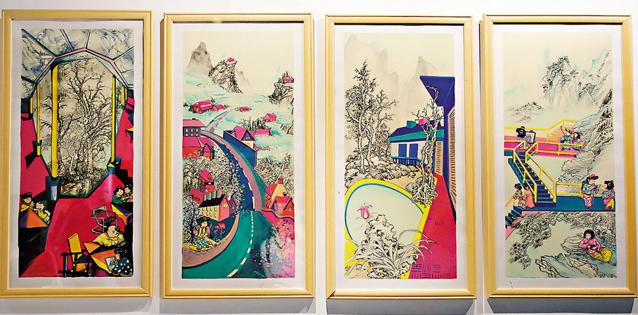 ◆《與David Hockney對話》以塑膠彩與水墨繪製，為畫作補充了鮮艷的色彩。