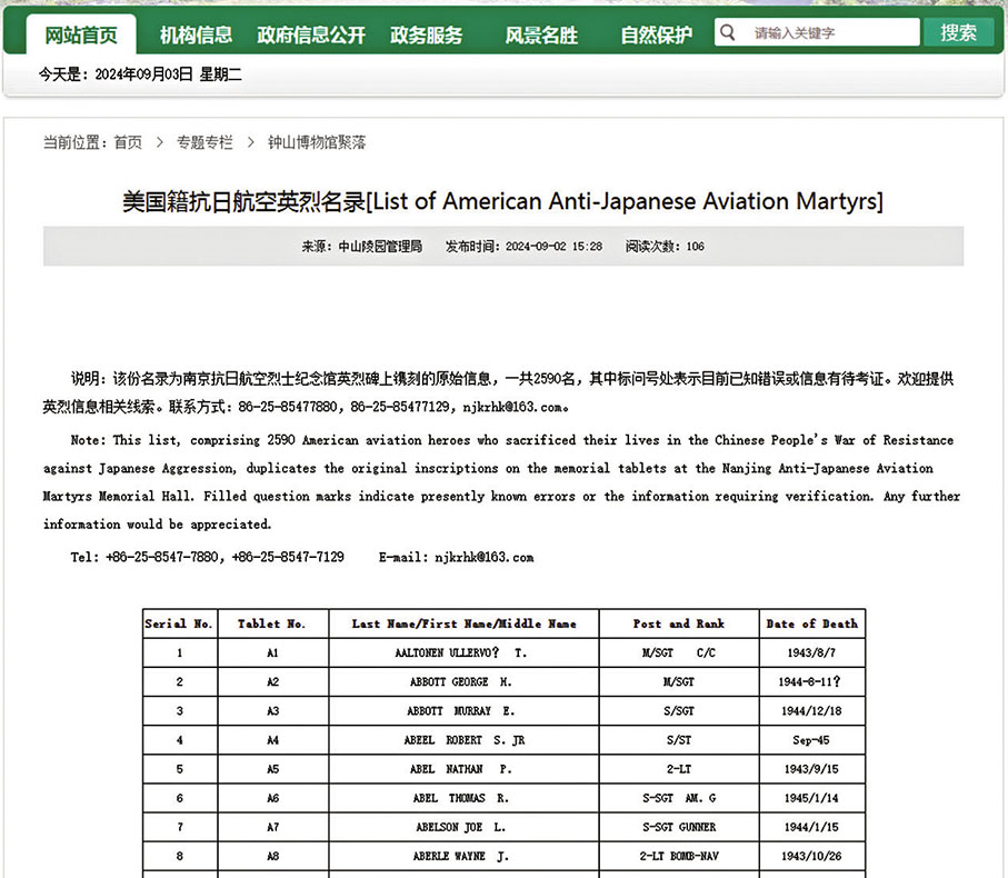 ◆南京抗日航空烈士紀念館於9月3日首次公布2,590名美國籍抗日航空英烈名錄。 網頁截圖