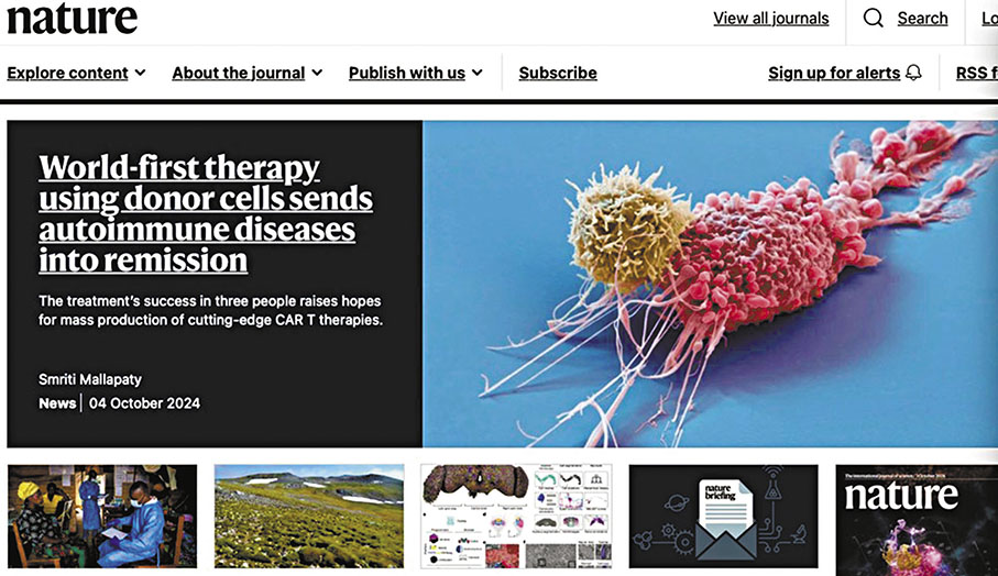 ●10月5日Nature官網首頁，頭條文章關注中國學者發表的國際首個通用CAR-T治療自身免疫病成果。 網上圖片