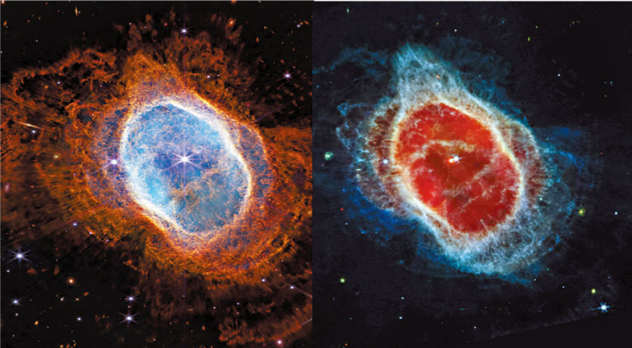 ●JWST拍攝到的南環星雲，左右兩張圖分別於近紅外線與中紅外線拍攝。 資料圖片