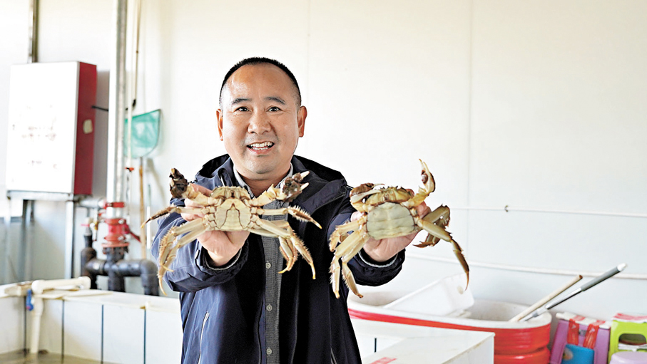 ●鎮賚「養蟹大王」葛俊展示螃蟹。  香港文匯報記者盧冶  攝