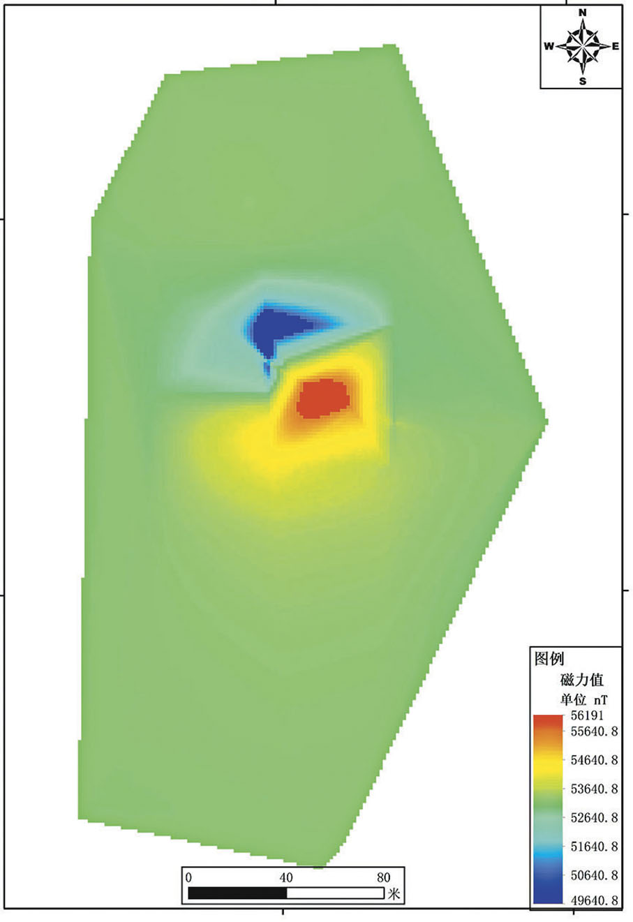 ●磁力儀檢測到的水下沉艦位置圖。紅色和藍色區域反映了經遠艦的遺址區域，綠色區域代表本地磁場（就是遺址所在海域）的平均值。
