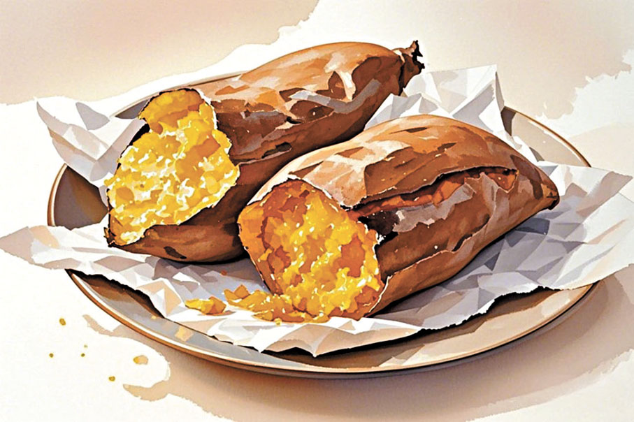 ●烤紅薯的皮會散發出好聞的焦煳味。 AI繪圖