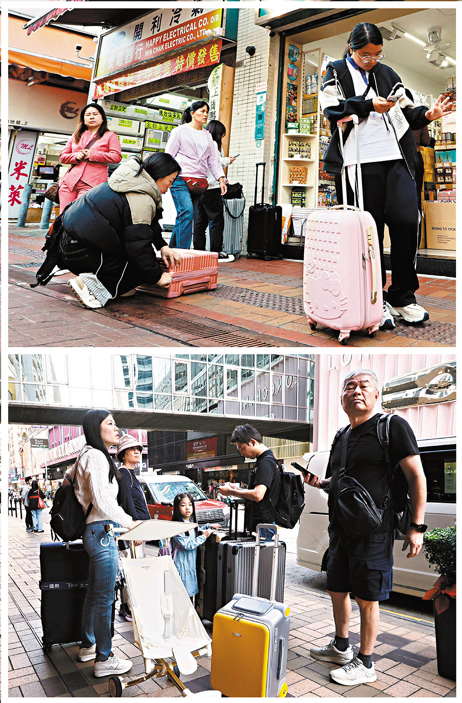 ●「一簽多行」恢復實施首日，上水和尖沙咀常見拉篋客。香港文匯報記者黃艾力、郭木又 攝