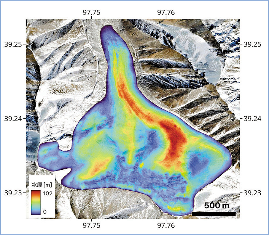 ●中國首次採用航空冰雷達技術調查獲取的七一冰川厚度分布圖。中國科學院空天院供圖