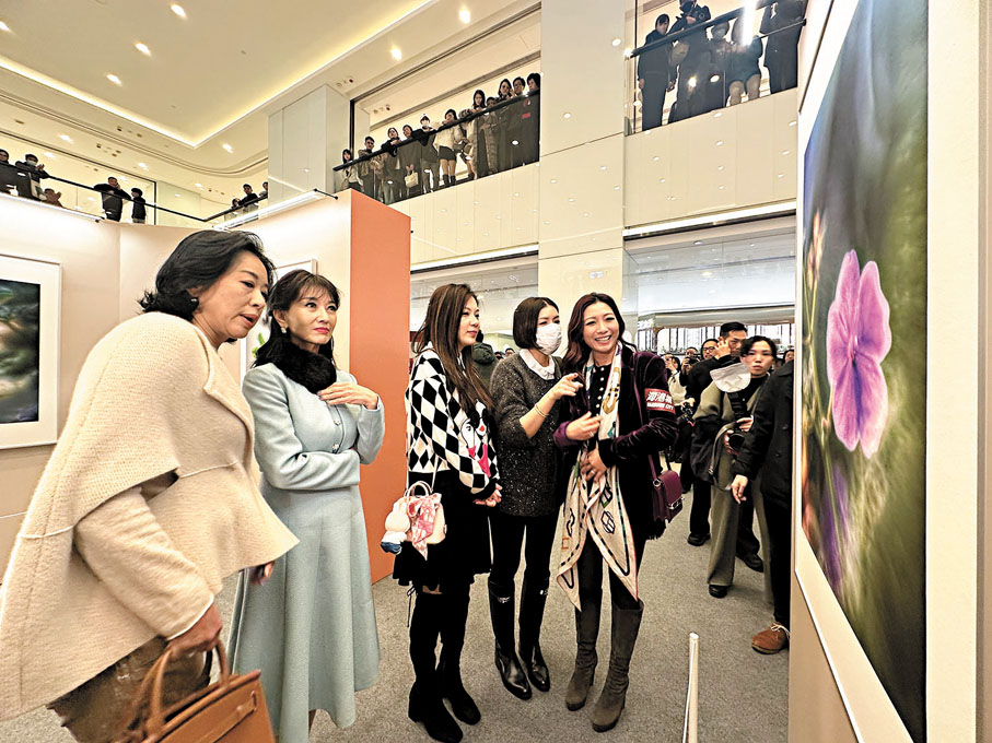 ●朱玲玲、趙雅芝、朱凱婷、戚黛黛和陳茵媺昨日到海港城觀賞發哥的攝影作品。