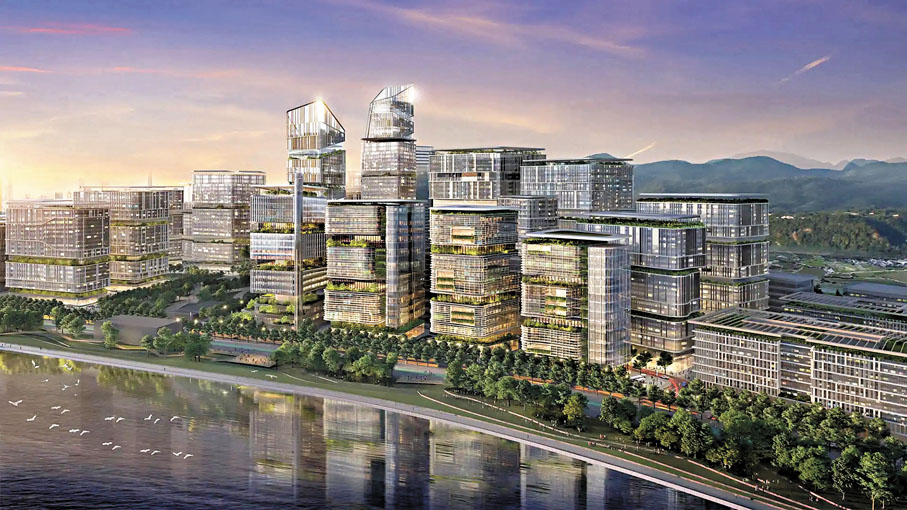 ●河套香港園區朝打造世界級產學研平台、建設具國際競爭力的產業中試轉化基地、營造全球創科資源匯聚點及開闢制度與政策創新試驗田四大方向發展。圖為總體建築效果圖。 資料圖片