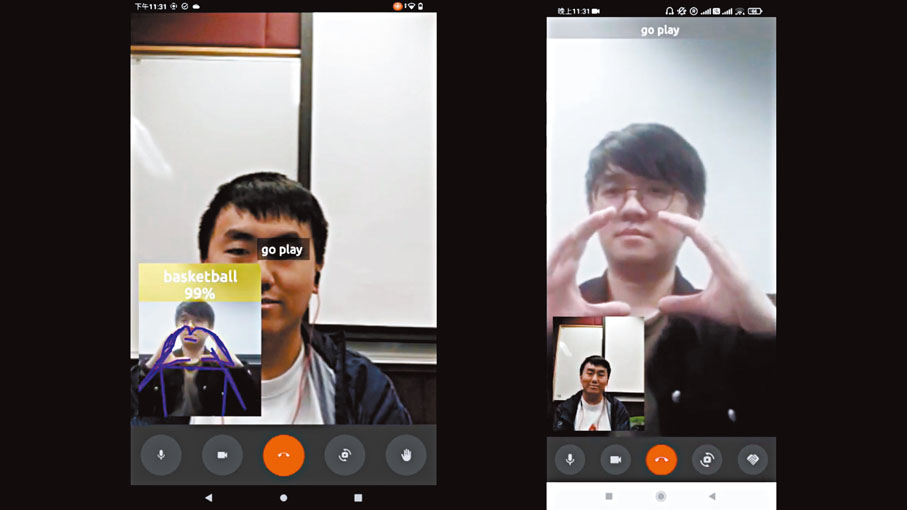 ●Handstalk團隊模仿手語使用者與非手語使用者通過App進行視頻通話。 Handstalk團隊提供圖片