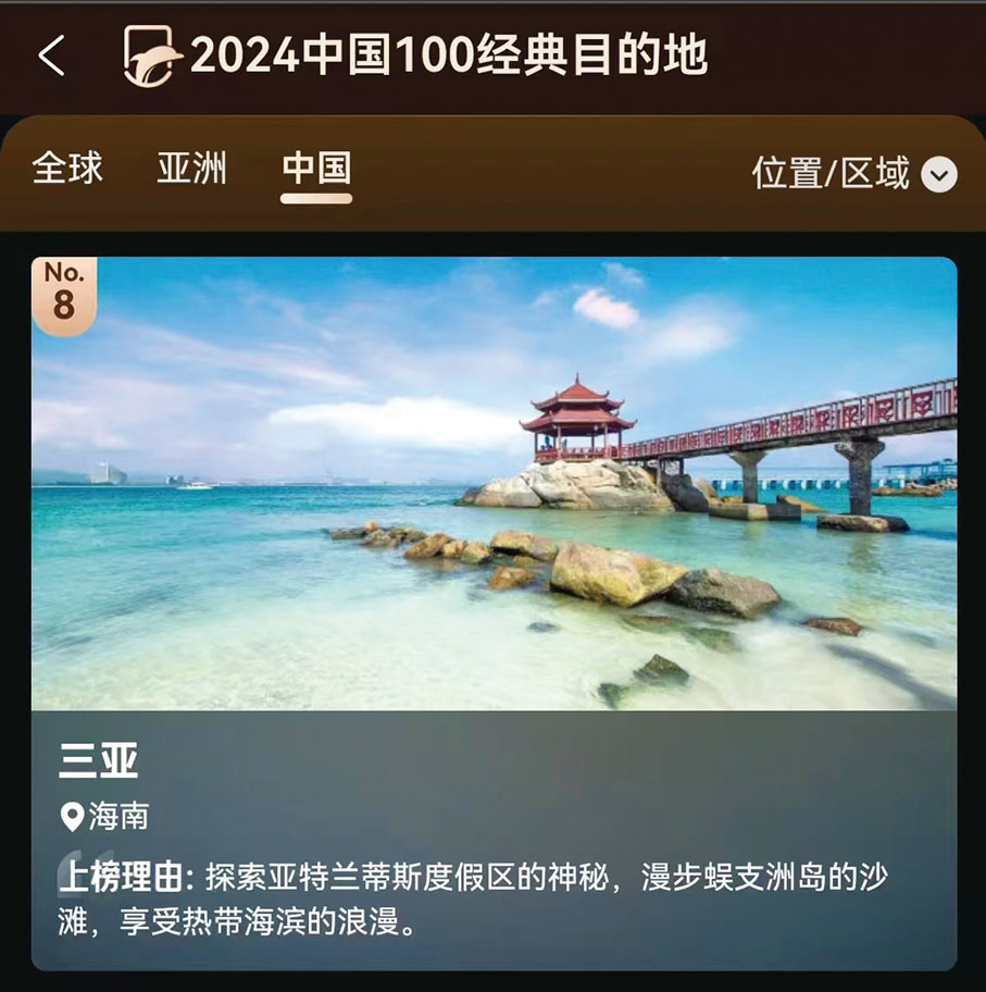 ●三亞入選2024中國100目的地第八名。