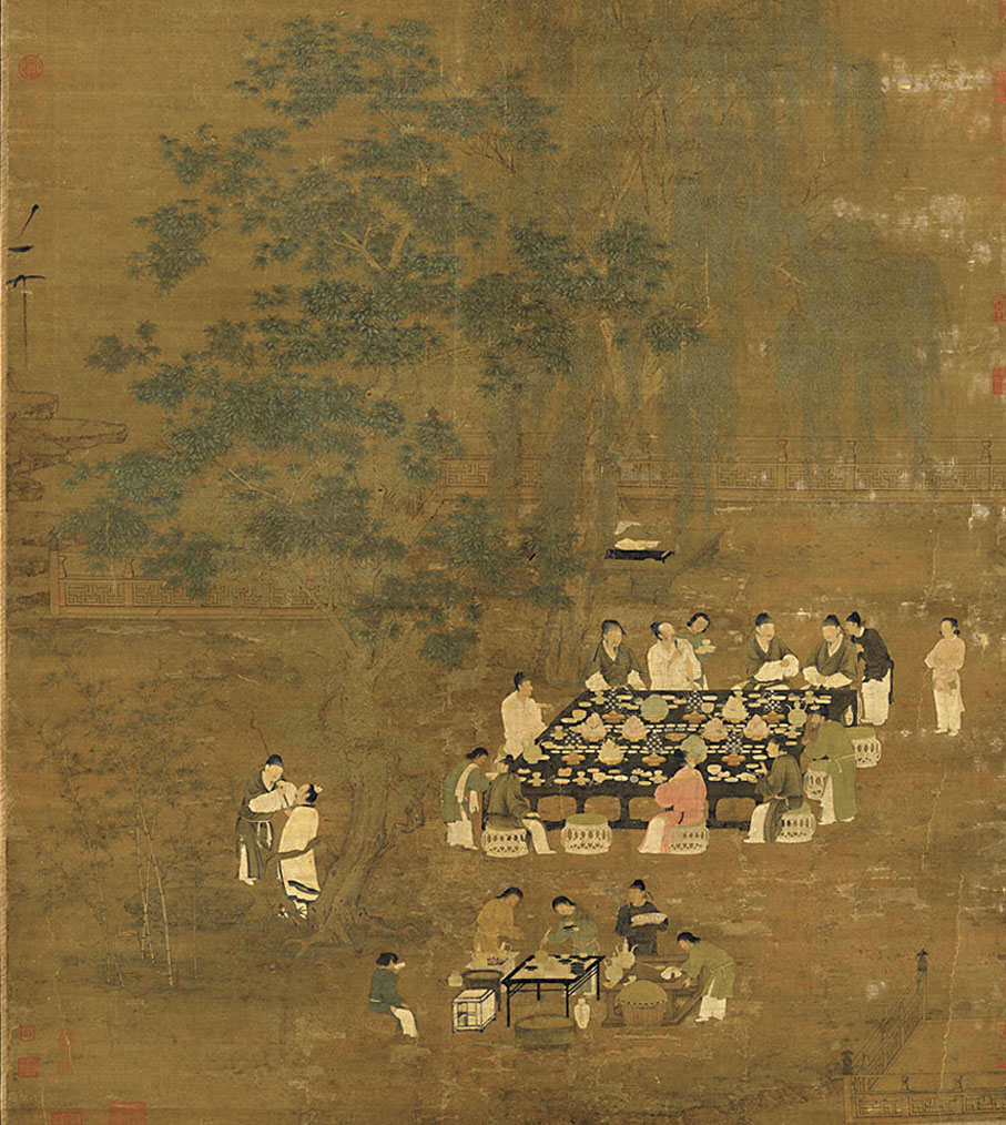 ●宋徽宗《文會圖》(部分),描繪了茶、酒、花、香、琴、饌相融合的文人宴會。 網上圖片