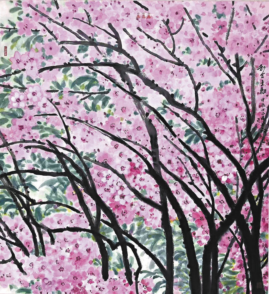 ●畫家趙志軍以桃花入畫,祈願香港如桃花盛開,繁榮昌盛。 作者供圖