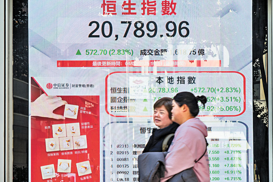 ●內地對美國加徵關稅作出反制措施,港股乘勢大反彈至今年高位。 中通社