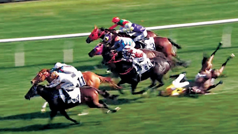 ●沙田馬場第六場賽事墮馬。 電視畫面截圖