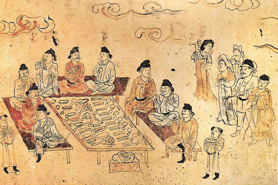 ●吃羹在古代受到禮儀規範,如「羹之有菜者用梜,其無菜者不用梜」等。圖為唐墓壁畫《宴飲圖》。 網上圖片