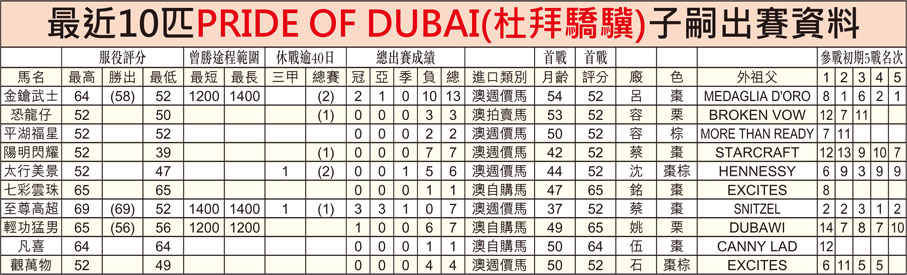 最近10匹PRIDE OF DUBAI(杜拜驕驥)子嗣出賽資料