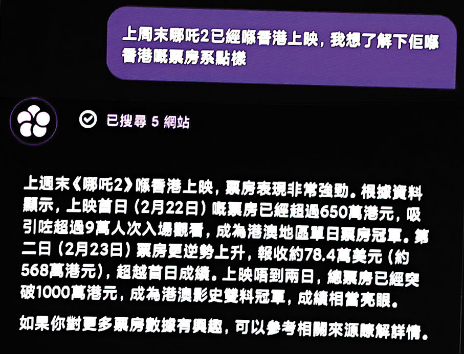 ●研究團隊現場詢問HKGAI V1有關《哪吒2》在港上映的票房問題。 資料圖片