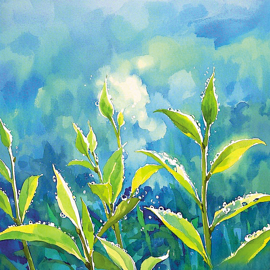 ●芽尖上的露珠像碎小的水晶。 AI繪圖