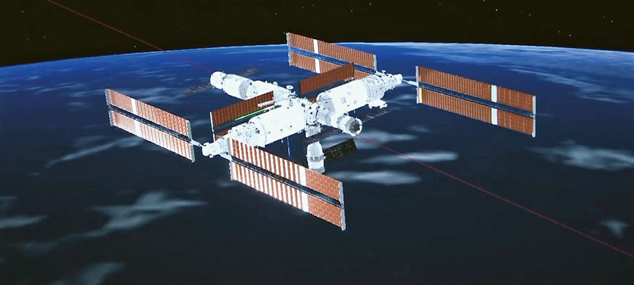 ●神二十與空間站完成對接示意圖。視頻截圖