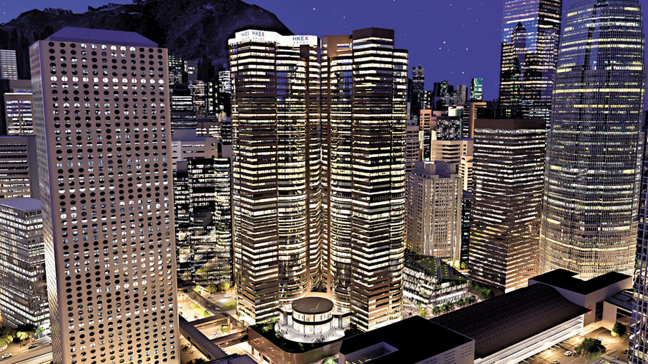 ●港交所擴充總部，將在交易廣場頂部設置燈箱 （設計概念展示圖）。