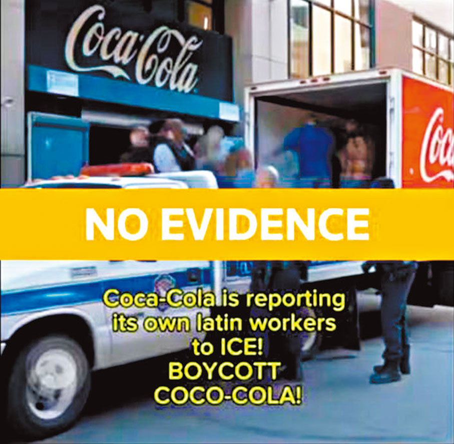 ●可口可樂澄清，公司呼籲驅逐非法移民勞工的影片為偽造。 路透社