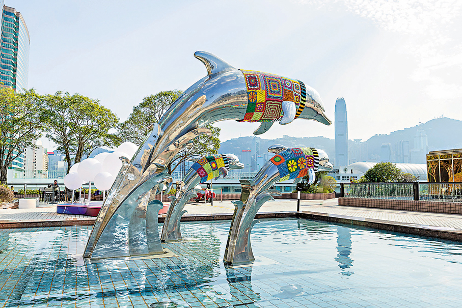 ●海豚池平台花園的海豚穿上了彩色針織新衣。 