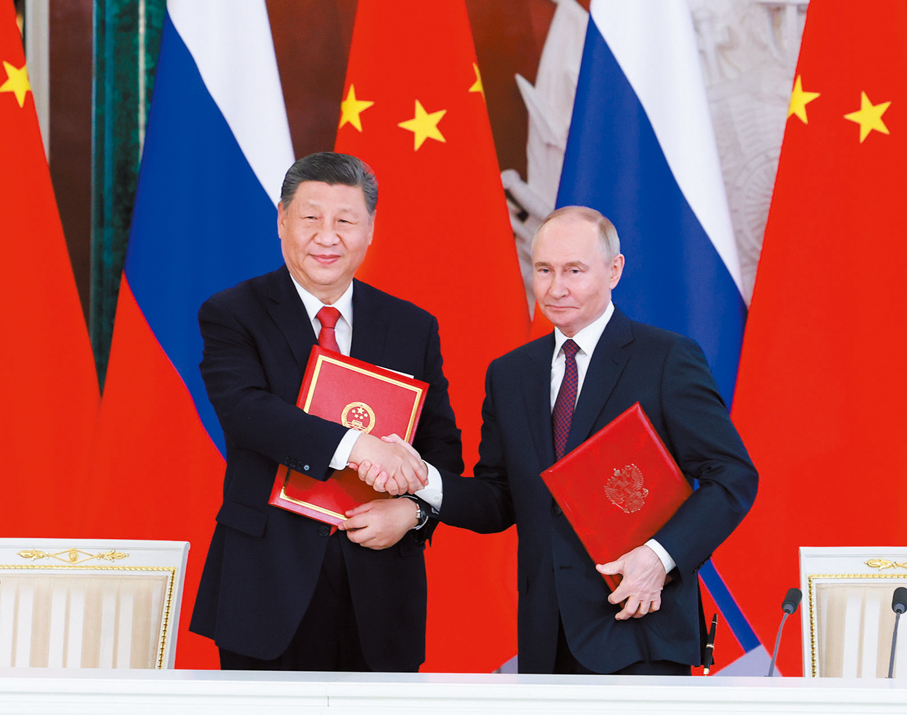 ●當地時間5月8日上午，國家主席習近平同普京總統簽署關於進一步深化中俄新時代全面戰略協作夥伴關係的聯合聲明。     新華社