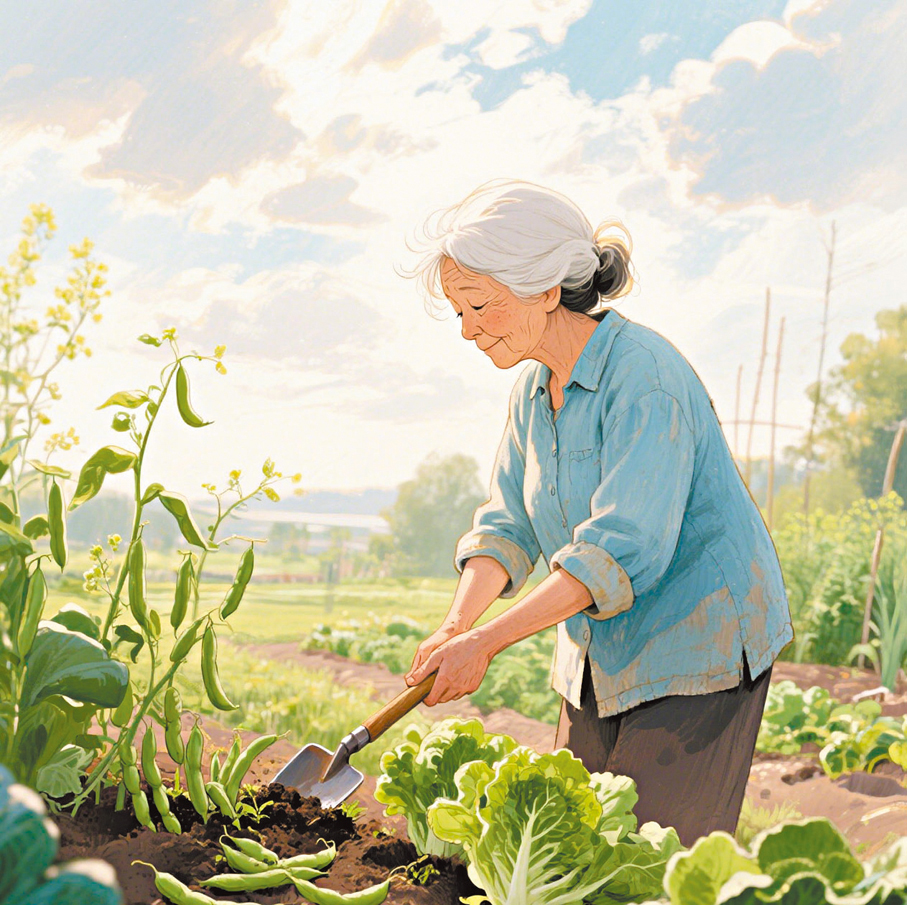 ●春天時母親總在菜園裏忙碌。 AI繪圖
