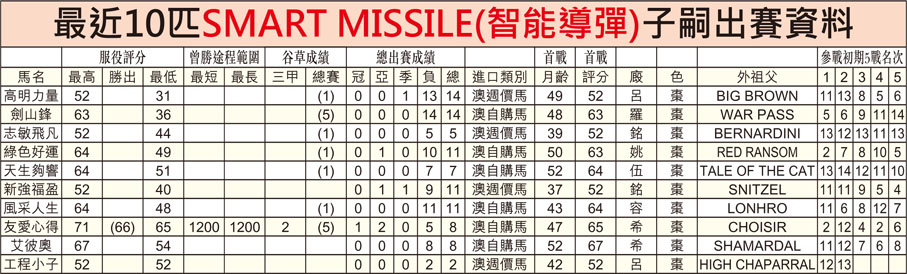 最近10匹SMART MISSILE(智能導彈)子嗣出賽資料