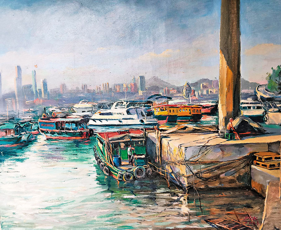 ●楊奕以油畫呈現銅鑼灣避風塘之景。
