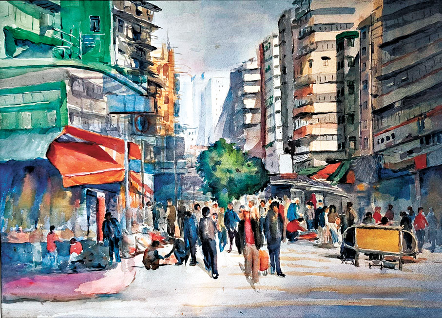 ●楊奕以水彩描繪北河街。