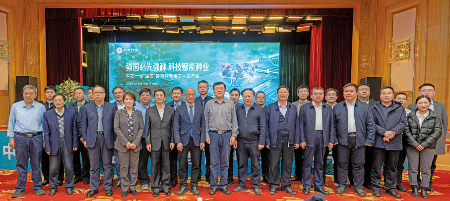 ●2025年3月31日，毛區健麗（前排左四）出席中芯一號家育「猛芯」生豬育種晶片發布會，該技術為解決種源「卡脖子」問題、推動種業振興注入強勁動能。