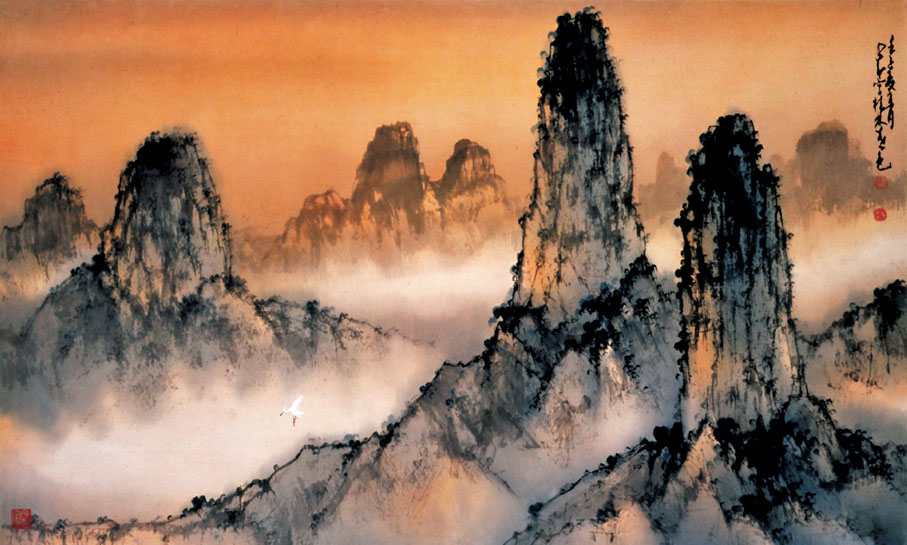 《桂林暮色》趙少昂,水墨設色紙本,69×103cm,1970年代,香港藝術館藏