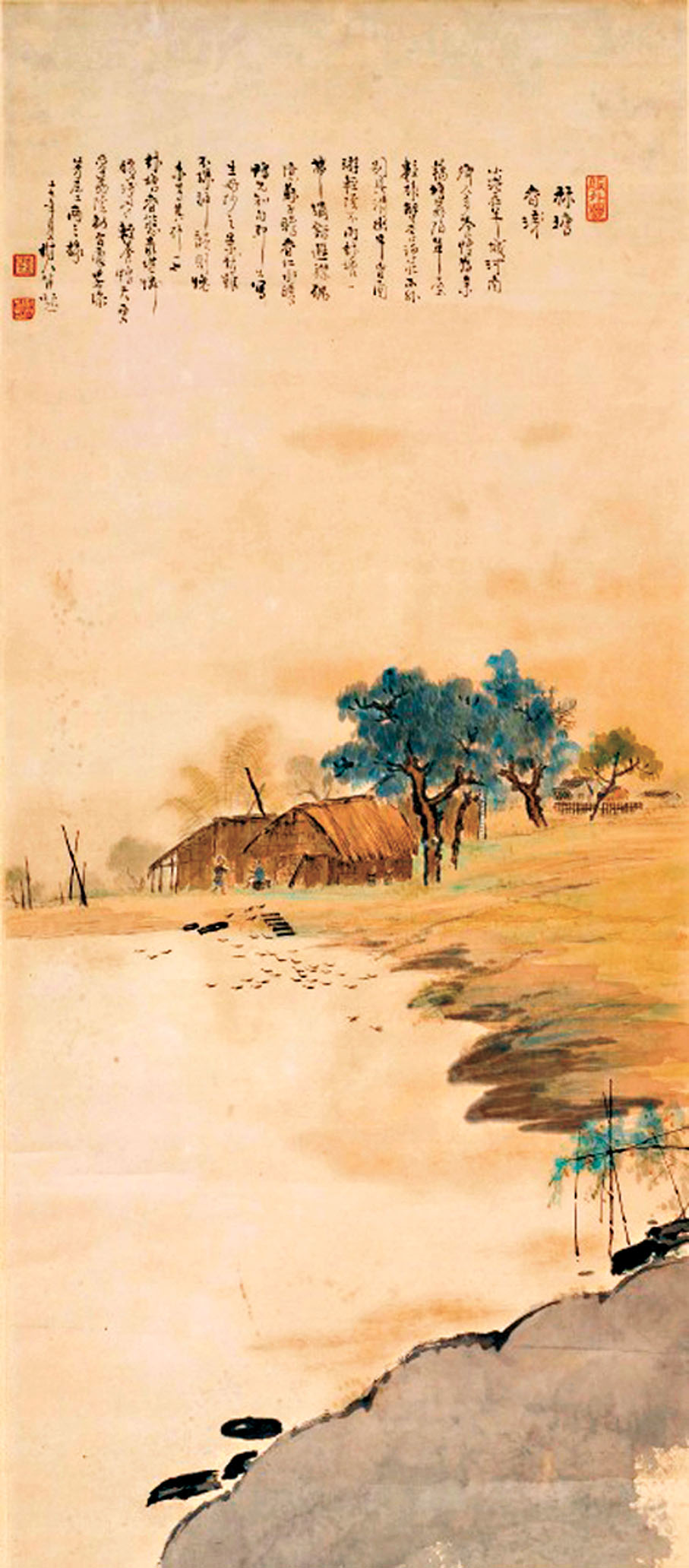 《林塘春淺》陳樹人,中國畫,92×40.5cm,1928年,嶺南畫派紀念館藏