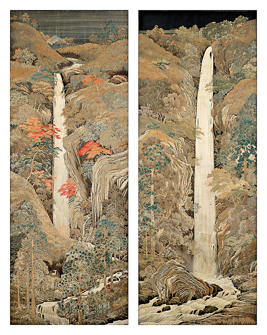 ●明治時代 絲繡瀑布屏一對