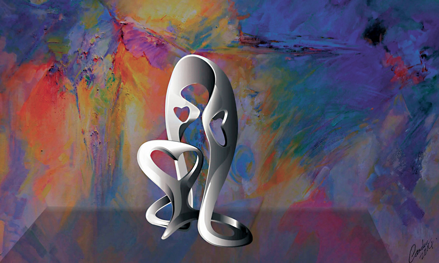 ●巢錫雄為地產公司項目創作雕塑作品「心連心」。