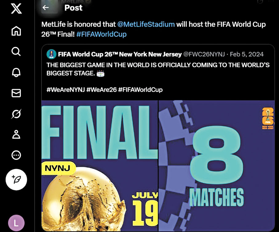 ●紐約大都會人壽體育館宣傳舉行世界盃決賽。 劉正言  攝